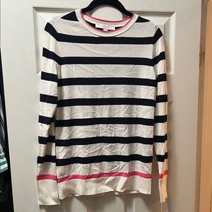 LOFT Women's Long Sleeve Striped Top - Navy and Pink Accents